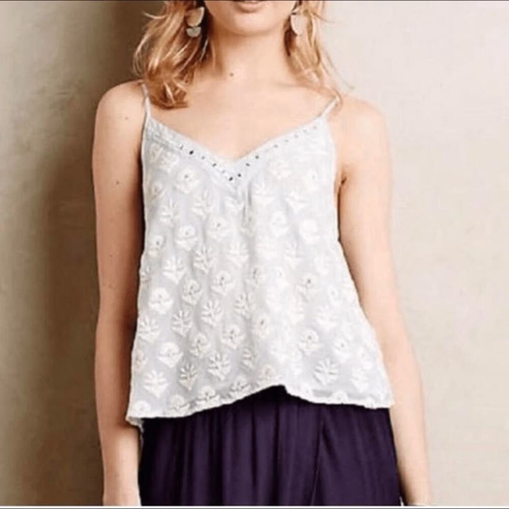 Anthropologie Leifsdottir Light Blue Embroidered Embellished Flowy Tank Blouse